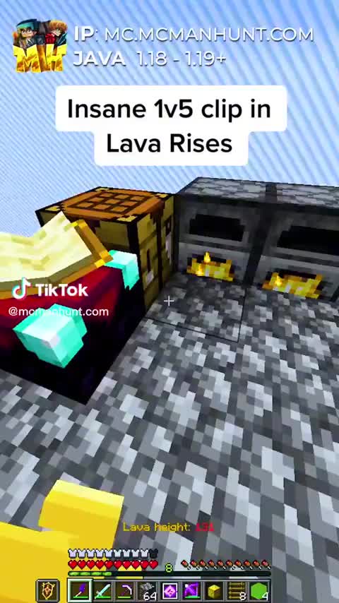 A vertical MCManhunt Lava Rises clip with the MH watermark and server IP overlaid in the top-left corner